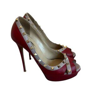 Valentino Garavani Rockstud Red Beige High Heel Pumps Shoes Sandals Size 38.5